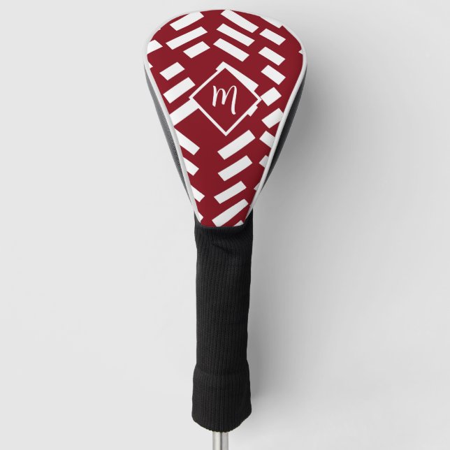 Red Minimalist Diagonal Striped Pattern, Monogram Golf Head Cover (Front)