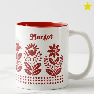 Red Minimalist Folk Art Floral Custom Name Two-Tone Coffee Mug