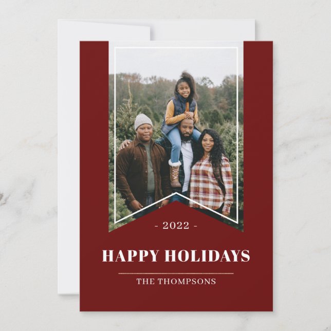 Red Minimalist Happy Holidays Photo Ribbon 2021 Holiday Card (Front)