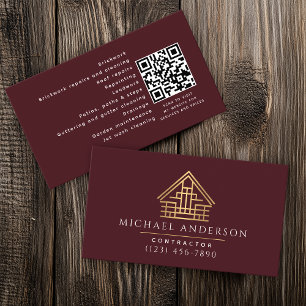 Red Minimalist Home Building Construction QR Code Business Card