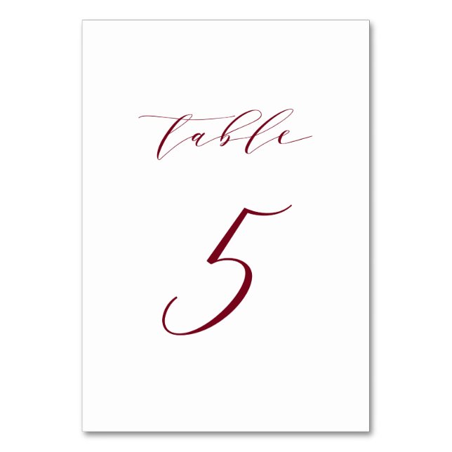 Red Minimalist Script Wedding Table Number 5 (Front)