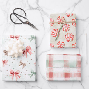 Red Mint Cream Christmas Bows Peppermint Stripes Wrapping Paper Sheet