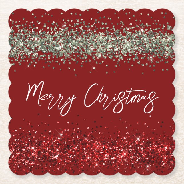 Red Mint Green Glitter Sparkle Christmas Paper Coaster (Front)