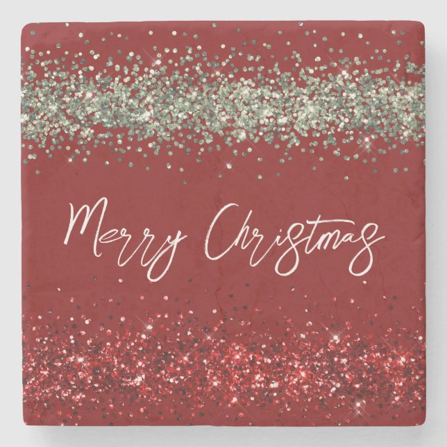 Red Mint Green Glitter Sparkle Christmas Stone Coaster (Front)