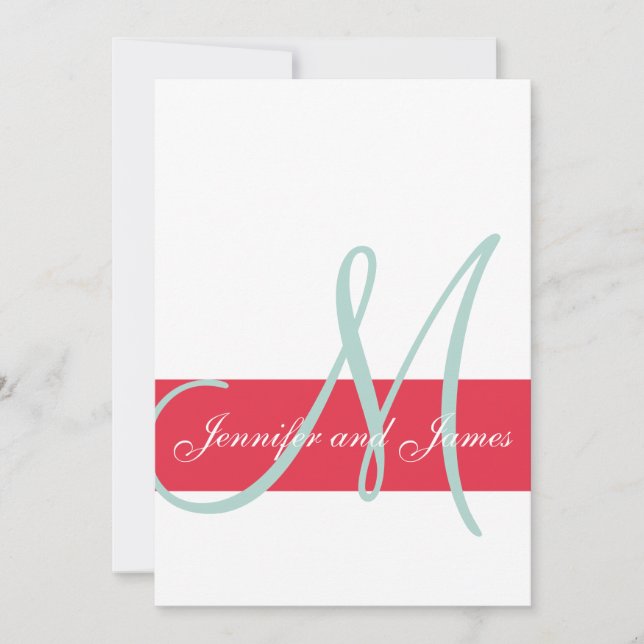 Red, Mint Green Monogram Names Simple Wedding Invitation (Front)