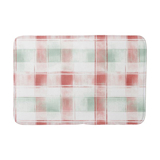 Red Mint Peppermint Mocha Plaid Stripes Christmas Bath Mat (Front)