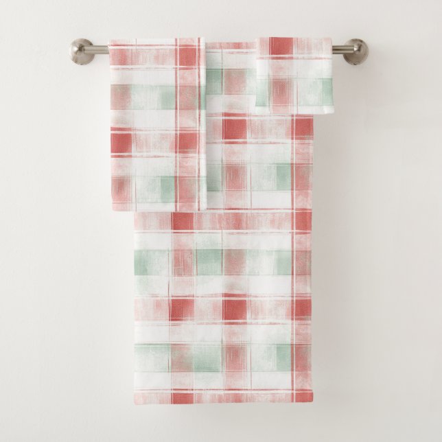 Red Mint Peppermint Mocha Plaid Stripes Christmas Bath Towel Set (Insitu)