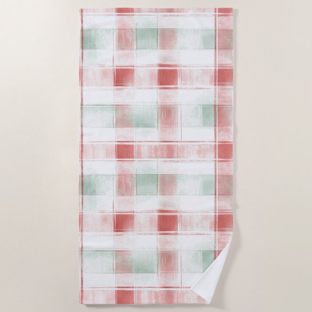 Red Mint Peppermint Mocha Plaid Stripes Christmas Beach Towel (Front)