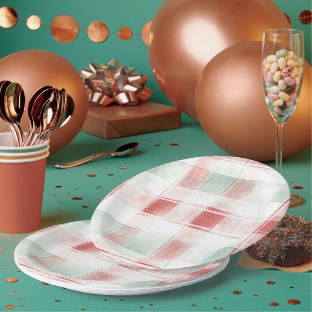 Red Mint Peppermint Mocha Plaid Stripes Christmas Paper Plate (Multi)
