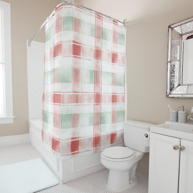Red Mint Peppermint Mocha Plaid Stripes Christmas Shower Curtain (In Situ)