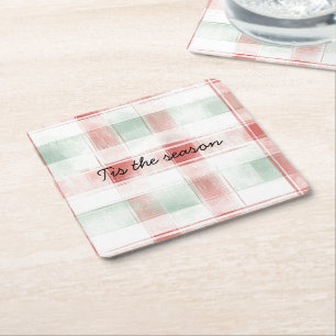Red Mint Peppermint Mocha Plaid Stripes Christmas Square Paper Coaster