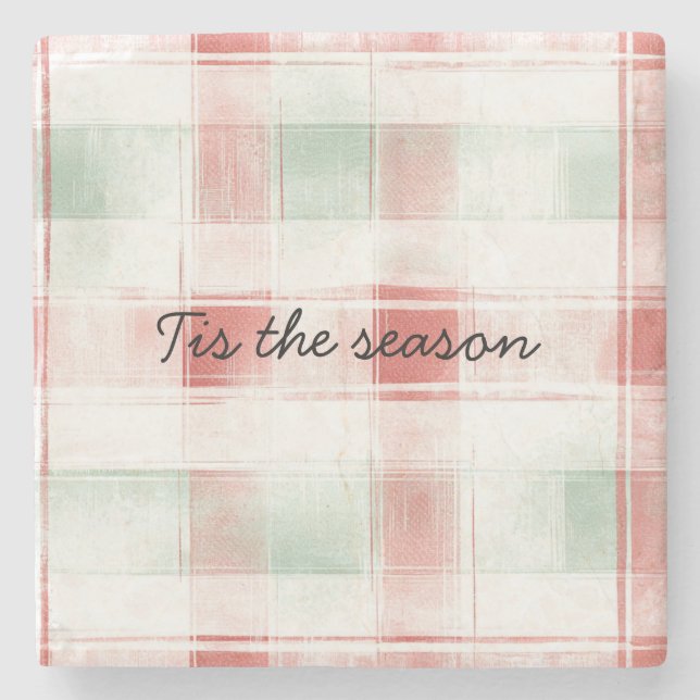 Red Mint Peppermint Mocha Plaid Stripes Christmas Stone Coaster (Front)