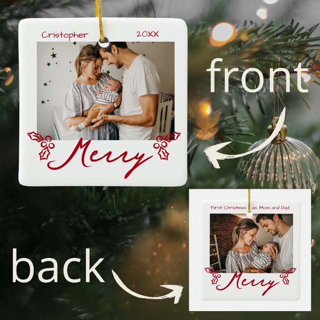 Red Mistletoe Doodles 2 Photos Merry Ceramic Ornament (Creator Uploaded)