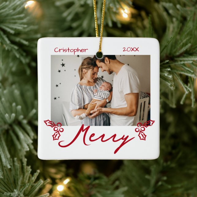 Red Mistletoe Doodles 2 Photos Merry Ceramic Ornament (Tree)