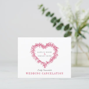 Red mistletoe heart wreath wedding cancellation announcement postcard