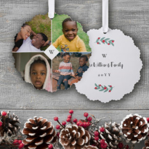 Red Mistletoe White Monogram Photo Collage Family Tree Decoration Card