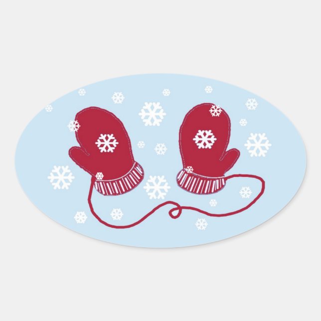 Red Mittens and Snowflakes Oval Sticker (Front)