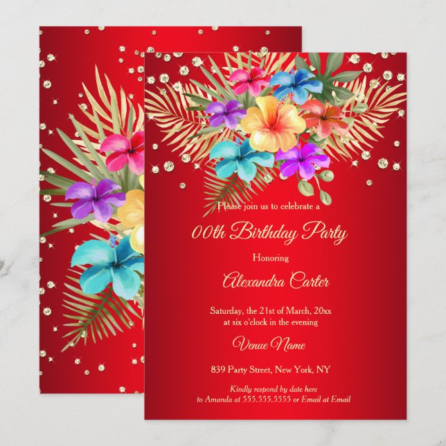 Red Mixed Colour Yellow gold palms floral Birthday Invitation (Front/Back)