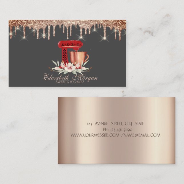 Red Mixer Flowers Rose Gold Drips Bakery  Business Card (Front/Back)