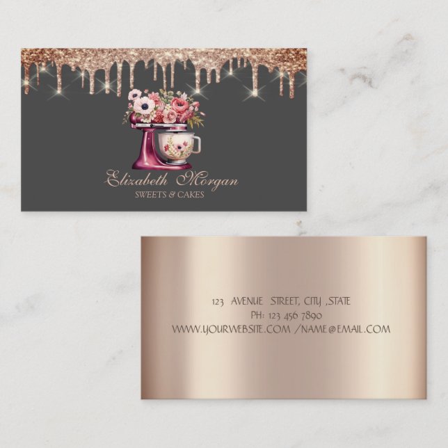 Red Mixer Flowers Rose Gold Drips Bakery  Business Card (Front/Back)