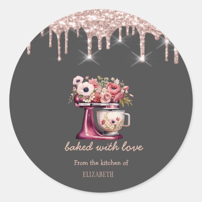 Red Mixer Flowers Rose Gold Drips Bakery   Classic Round Sticker (Front)