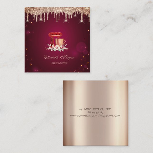 Red Mixer Roses Gold Drips Bakery  Square Business Card (Front/Back)