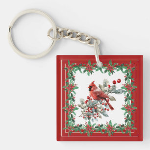 Red Mockingbird Poinsettia Borders Elegant Key Ring