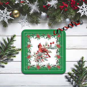 Red Mockingbird Poinsettia Borders Green Coaster