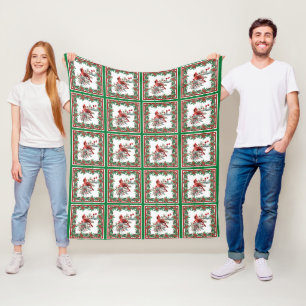 Red Mockingbird Poinsettia Borders Green Fleece Blanket
