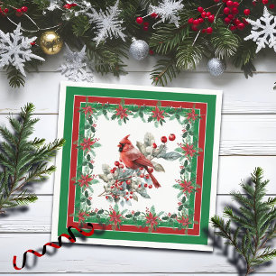 Red Mockingbird Poinsettia Borders Green Napkin