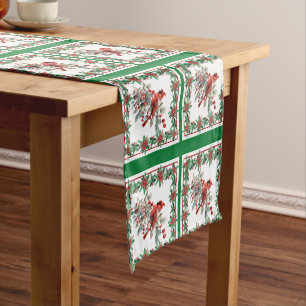 Red Mockingbird Poinsettia Borders Green Short Table Runner