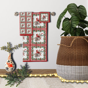 Red Mockingbird Poinsettia Borders Red Bath Towel Set