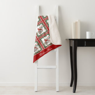 Red Mockingbird Poinsettia Borders Red Custom Sherpa Blanket