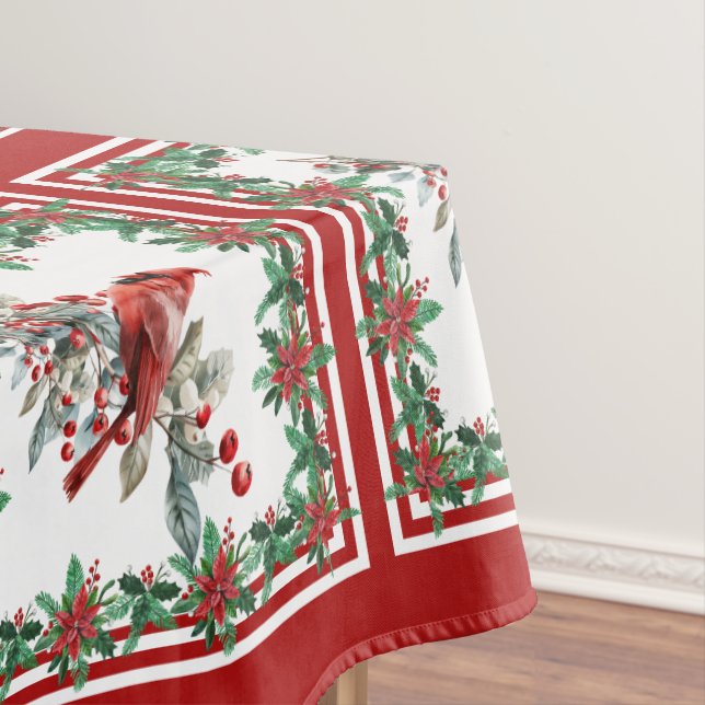 Red Mockingbird Poinsettia Borders Red Tablecloth (In Situ)