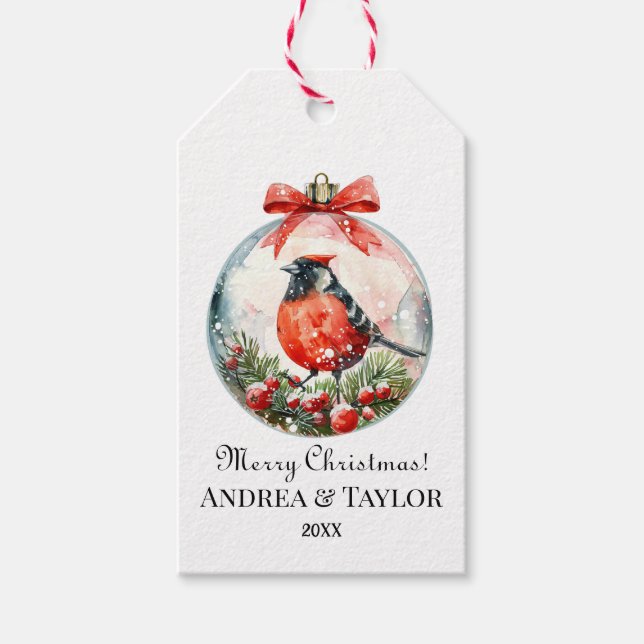Red Mockingbird Winter Landscape Gift Tags (Front)