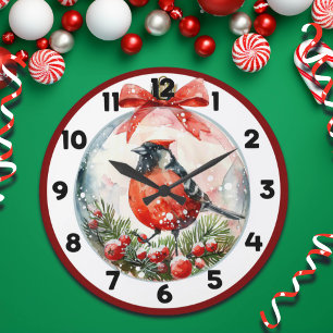 Red Mockingbird Winter Landscape Large Clock