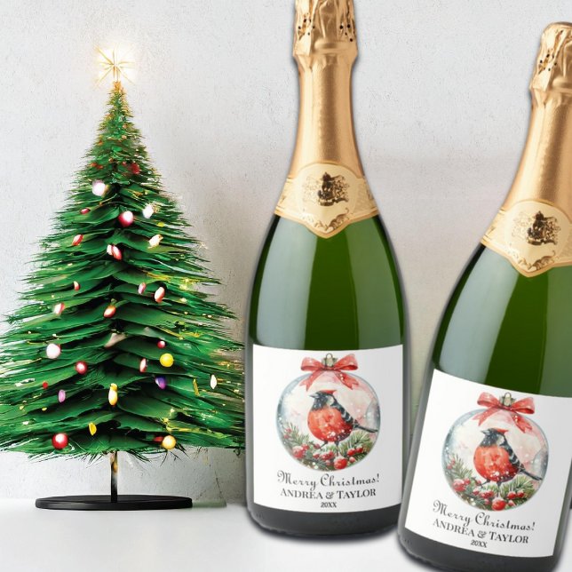 Red Mockingbird Winter Landscape Sparkling Wine Label (Creator Uploaded)