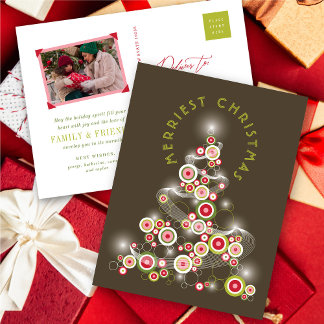 Red Mod Circles Glowing Abstract Christmas Tree Holiday Postcard