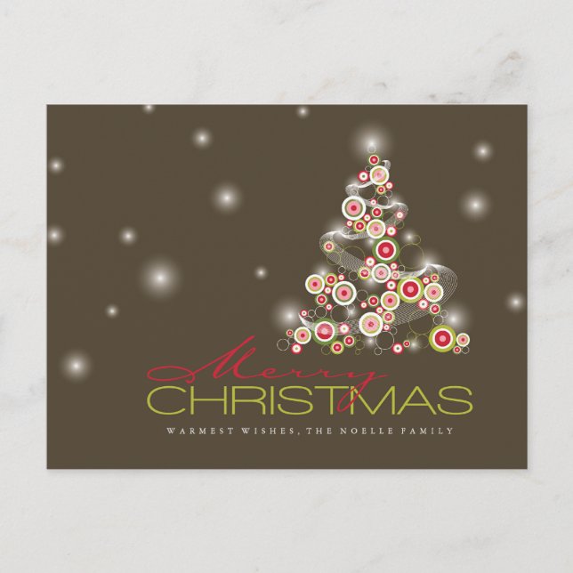Red Mod Circles Glowing Merry Christmas Tree Holiday Postcard (Front)