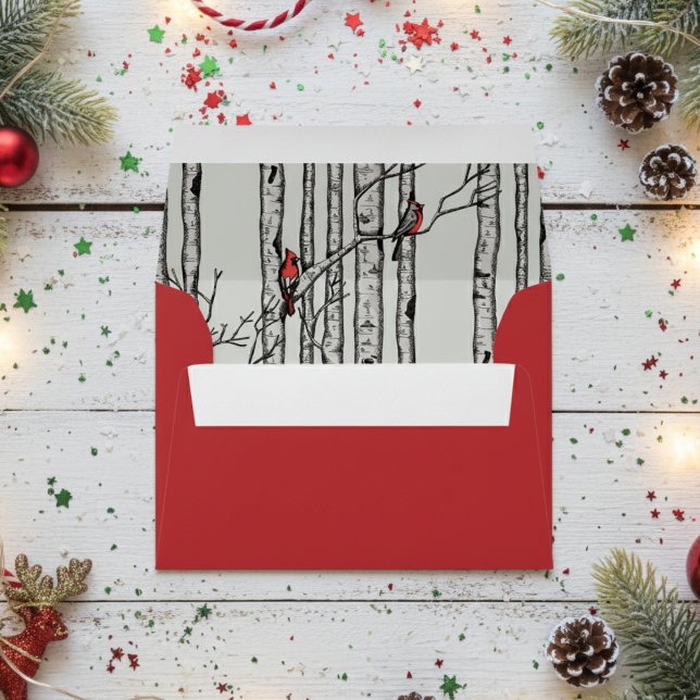 Red Modern Birch Trees and Cardinal Birds Envelope (Rustic Birch Trees, Red Cardinal Bird Envelopes in Festive Red and Sage. Christmas Illustration)