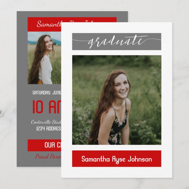 Red Modern Block 3-Photo Graduation Invitation (Front/Back)