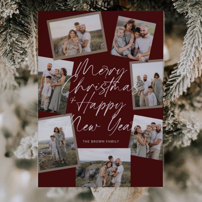 Red Modern Boho 8 Photo Collage Christmas  Holiday Card (Creator Uploaded)