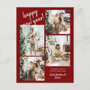 Red Modern Brush Script 4 Photo Happy New Year Postcard
