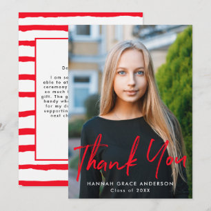 Red   Modern Brush Script Photo Graduation Thank You Card