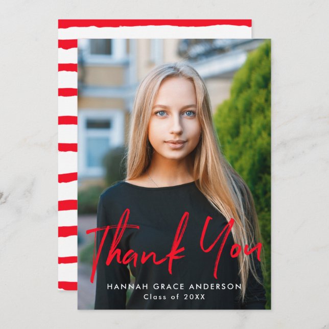 Red | Modern Brush Script Photo Graduation Thank You Card (Front/Back)