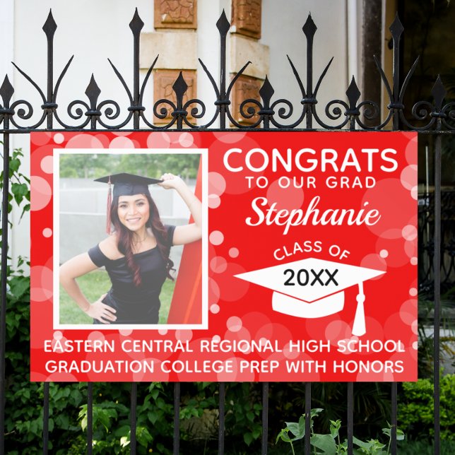 Red Modern Bubbles Congrats Photo Graduation Yard  Banner (red photo graduation banner)