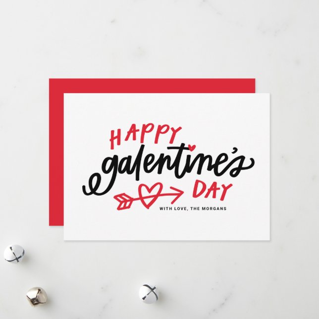 Red Modern Calligraphy Happy Galentine's Day Holiday Card (Front/Back In Situ)