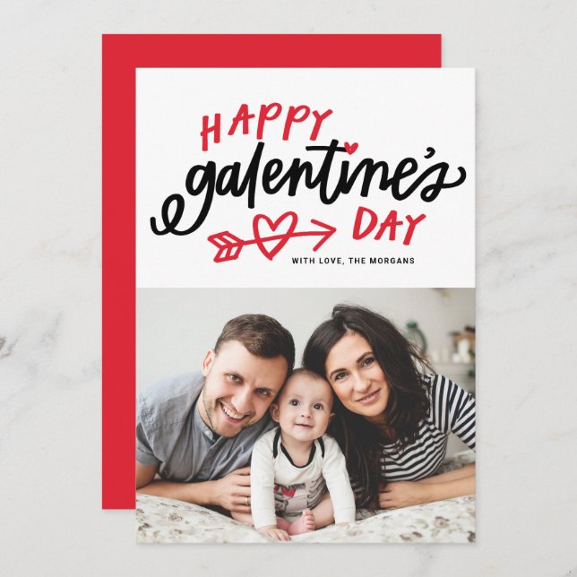 Red Modern Calligraphy Happy Galentine's Day Photo Holiday Card (Front/Back)