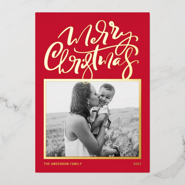 Red Modern Calligraphy Photo Merry Christmas Foil Holiday Card (Front)