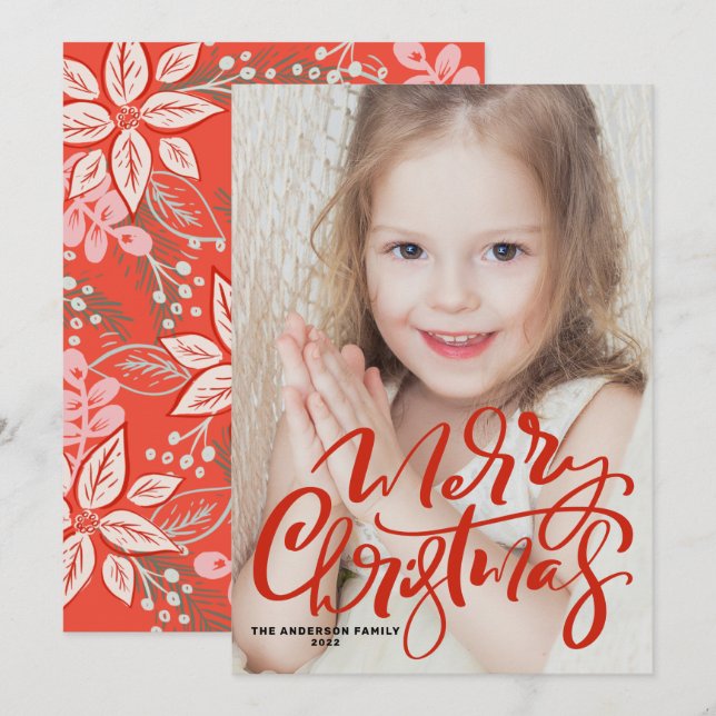 Red Modern Calligraphy Photo Merry Christmas Holiday Card (Front/Back)